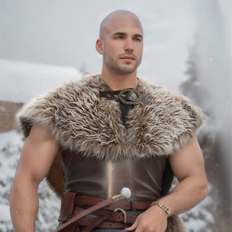 Men's short shoulder cape made of faux fur with adjustable leather strap and decorative clasp Mune Fashion