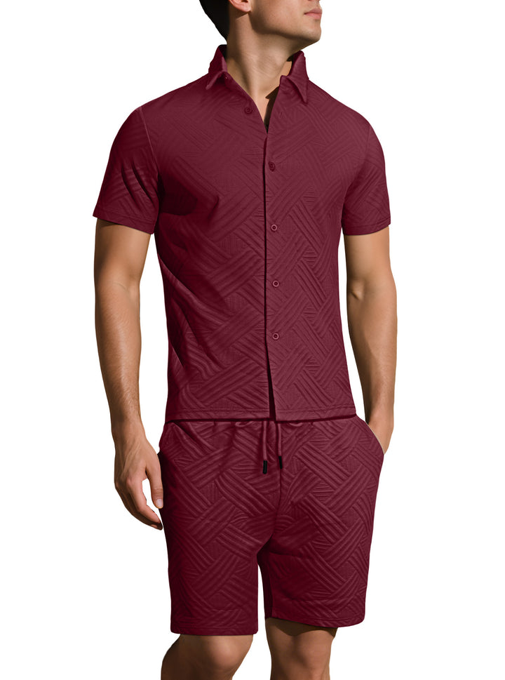 Men's lightweight short-sleeve shirt and Bermuda two-piece set with embossed woven texture and drawstring waistband Mune Fashion
