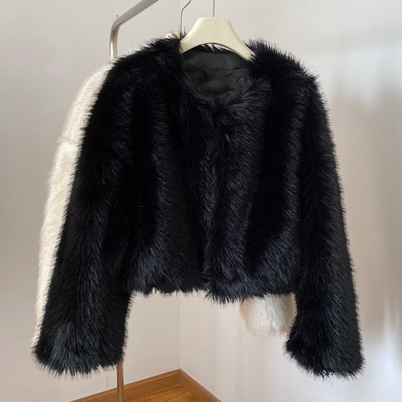 Women Cropped Faux Fur Bomber with Round Neck, Soft Draping High Pile and Boxy Silhouette Mune Fashion