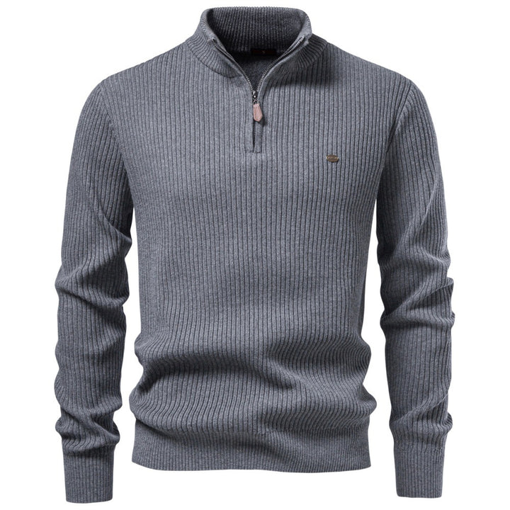 Men's Ribbed Sweater with Short Zipper and Stand-Up Collar Mune Fashion