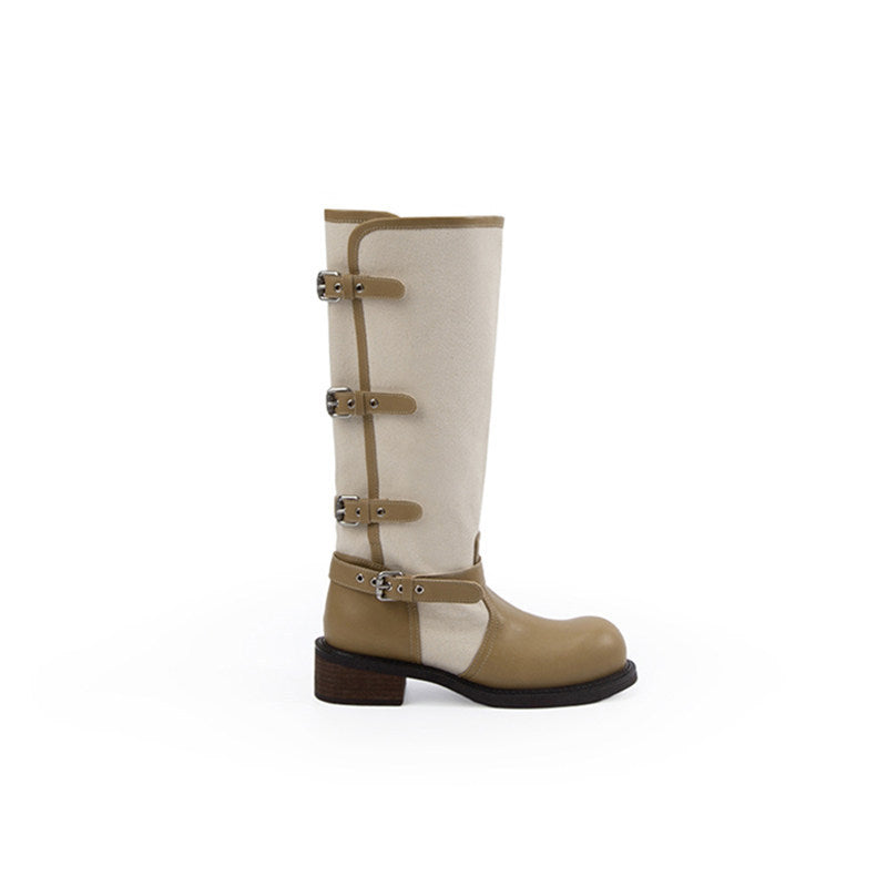 Ladies knee-high leather-canvas boots with adjustable buckles Mune Fashion
