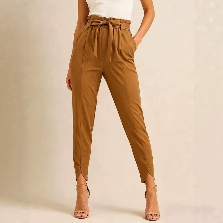 Women's high-waisted paperbag pants with tie belt and slit ankle hem Mune Fashion