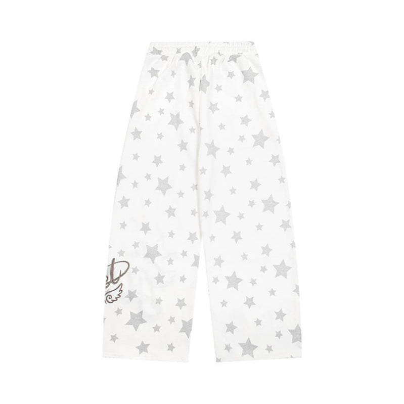 Women's extra wide palazzo lounge pants made of French terry with comfort waistband, drawstring, and all-over star print