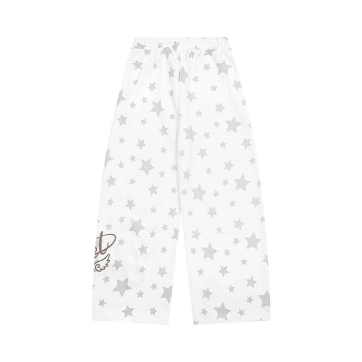 Women's extra wide palazzo lounge pants made of French terry with comfort waistband, drawstring, and all-over star print