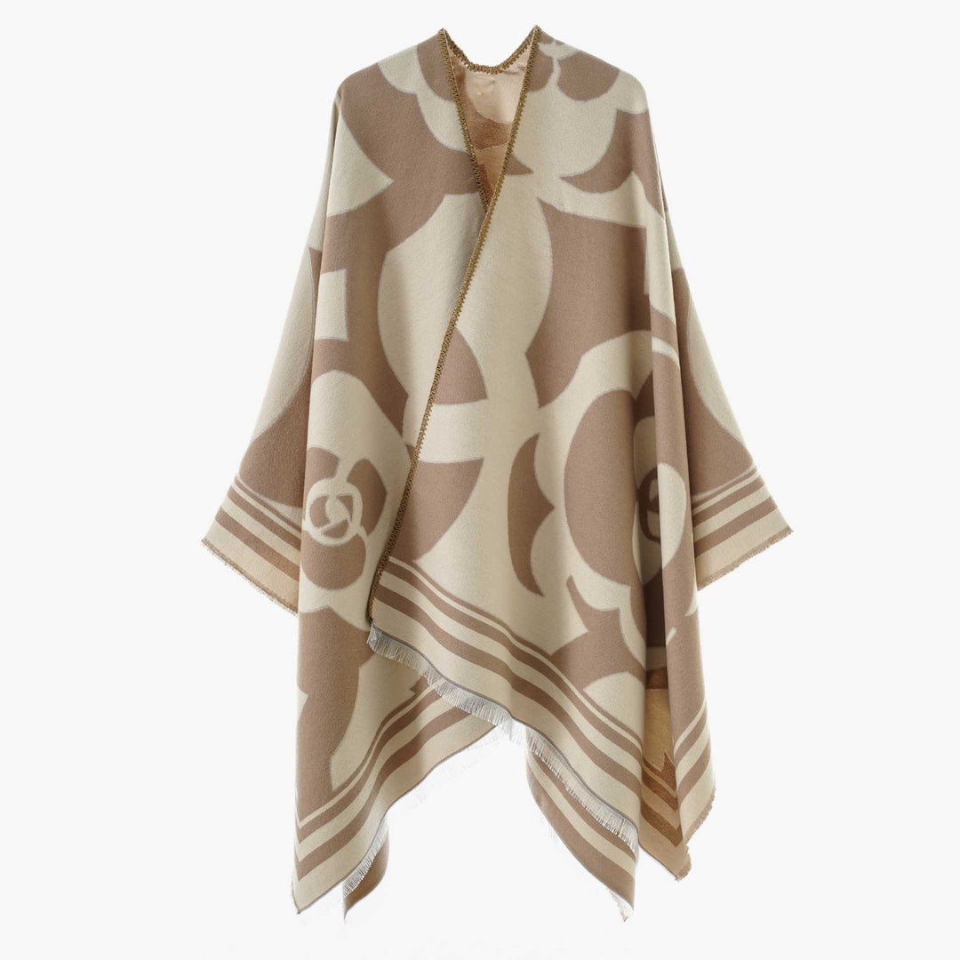 Women's coarse woven jacquard wrap with large ornamental pattern and decorative fringes Mune Fashion