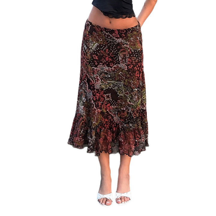 Women Chiffon Midi Skirt with Layered Ruffle, Paisley Print and Asymmetrical Hem Mune Fashion