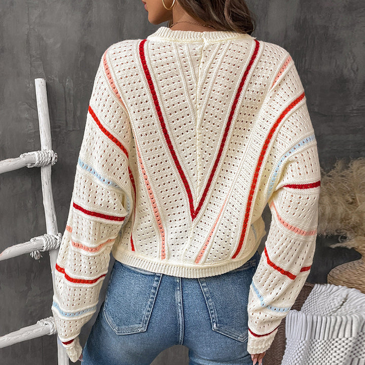 Women's Oversized Openwork Knit Sweater with V-Stripes Design Mune Fashion