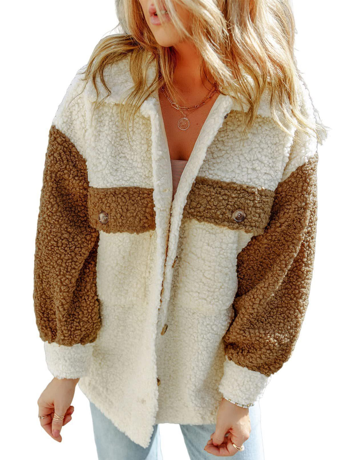 Women's oversized Teddy shirt jacket with contrast stripes, applied chest pockets and visible button placket Mune Fashion