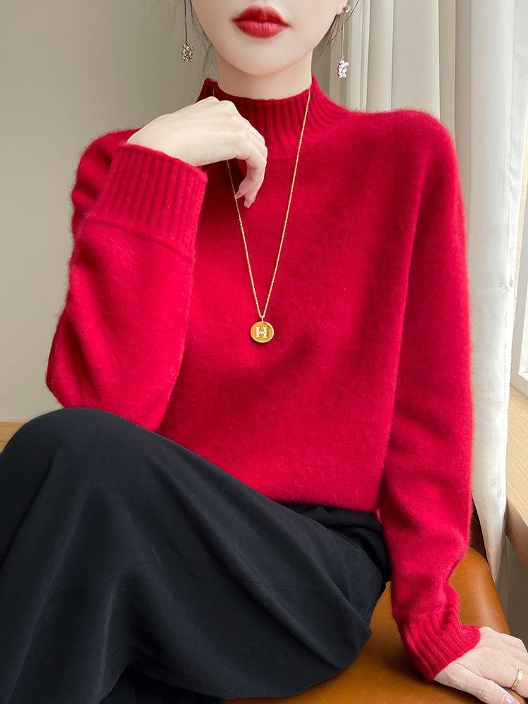 Women's Luxury Soft Midweight Mock Neck Sweater in Angora Look with Fine Rib and Relaxed Silhouette Mune Fashion