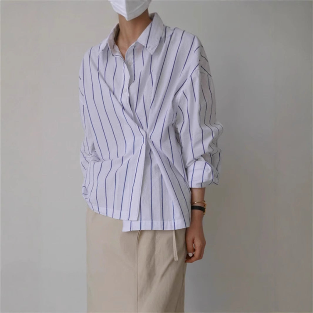 Women's oversized boxy shirt blouse made of linen-cotton blend with vertical pinstripe look and casual silhouette Mune Fashion
