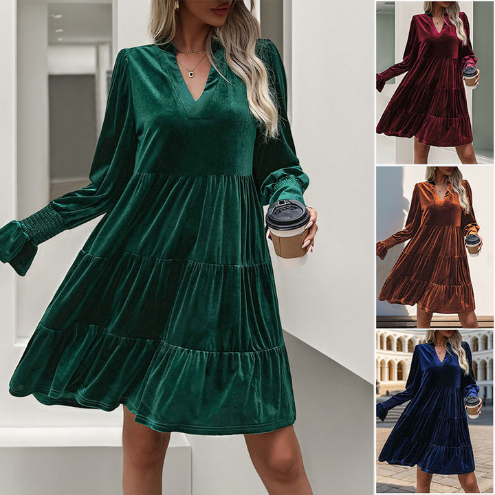 Women's velvet tiered dress with V-neck, gathered yoke, and balloon sleeves Mune Fashion