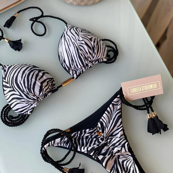 Ladies' triangle bikini with trendy leopard pattern and decorative tassels Mune Fashion
