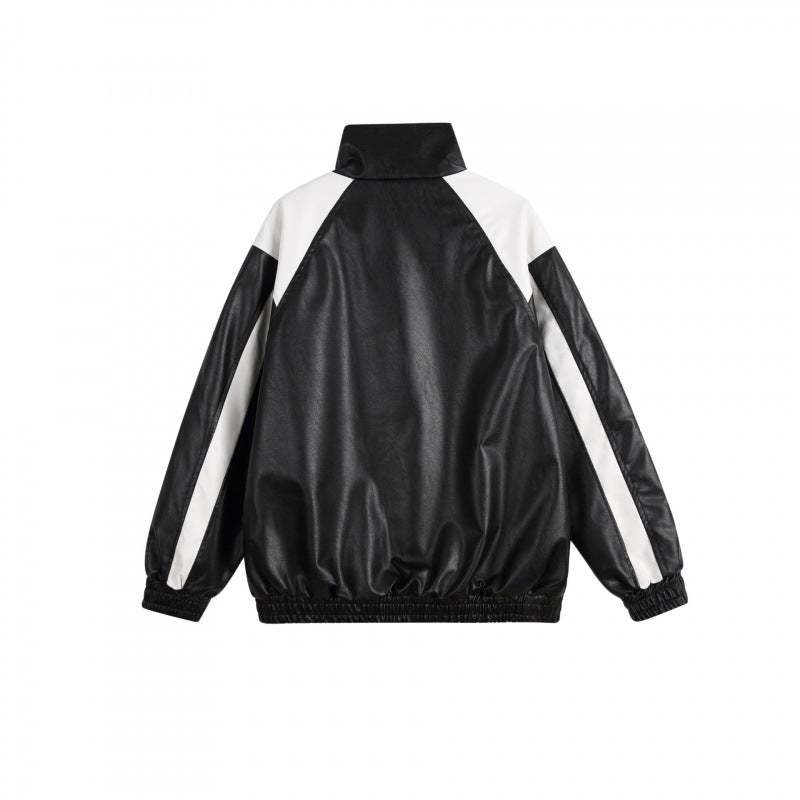 Unisex Retro-inspired Faux Leather Bomber Jacket with Stand-up Collar, Contrast Stripes and Letter Patch Mune Fashion