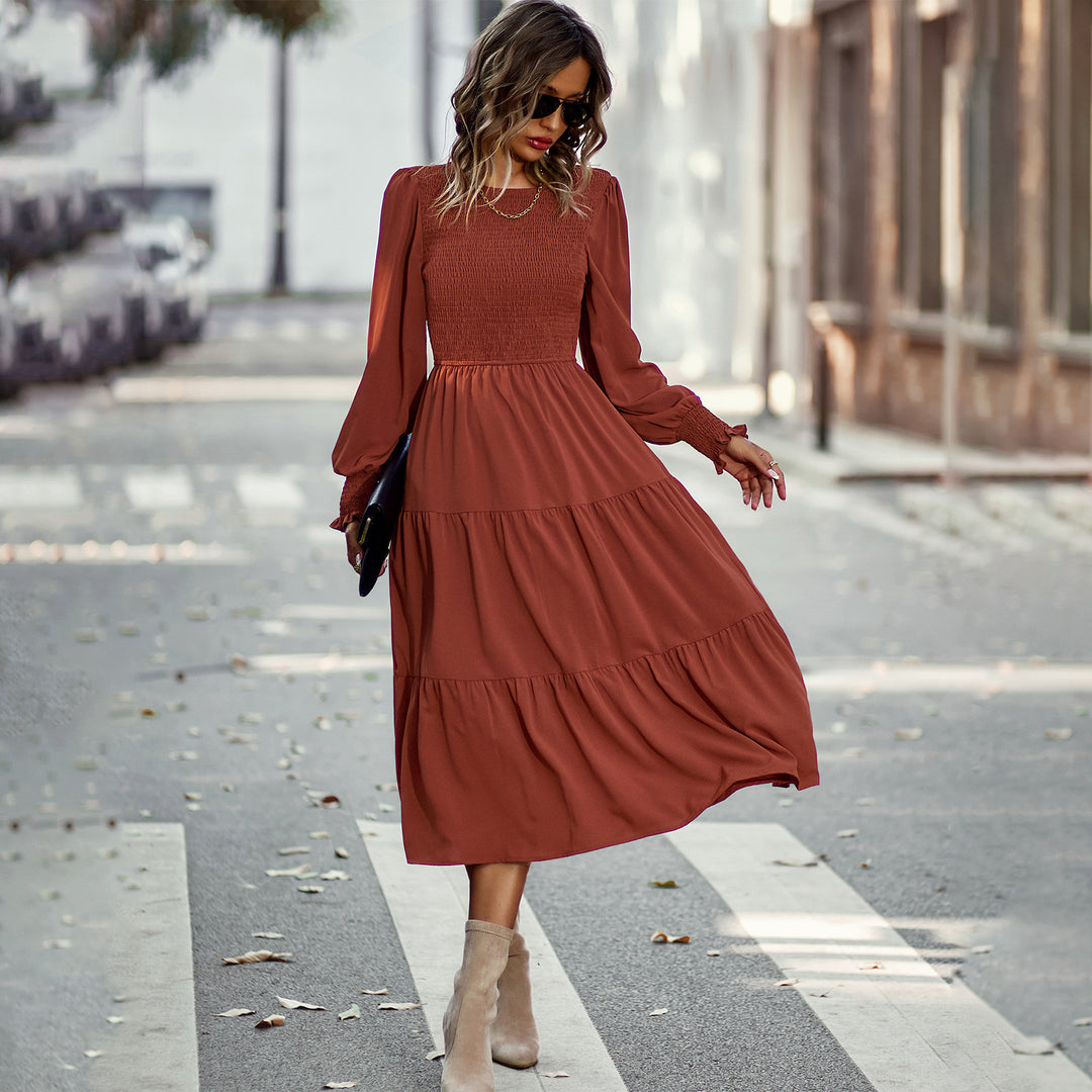 Ladies' gathered midi dress with smocked top, balloon-shaped sleeves, and tiered ruffle skirt Mune Fashion