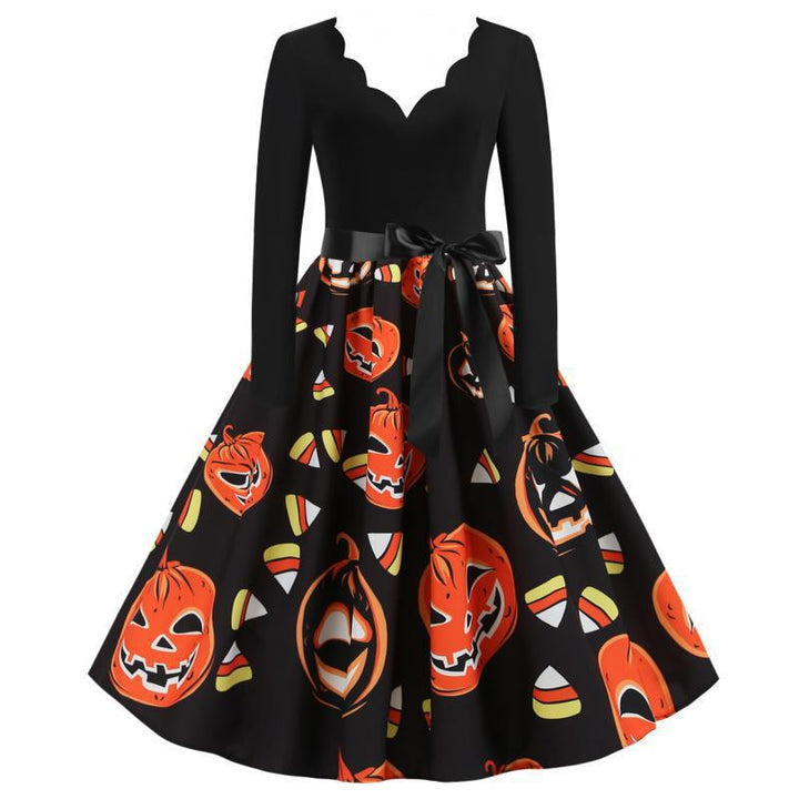 Women Vintage A-Line Dress with Wavy Neckline, Waist Sash and Pumpkin Print Mune Fashion