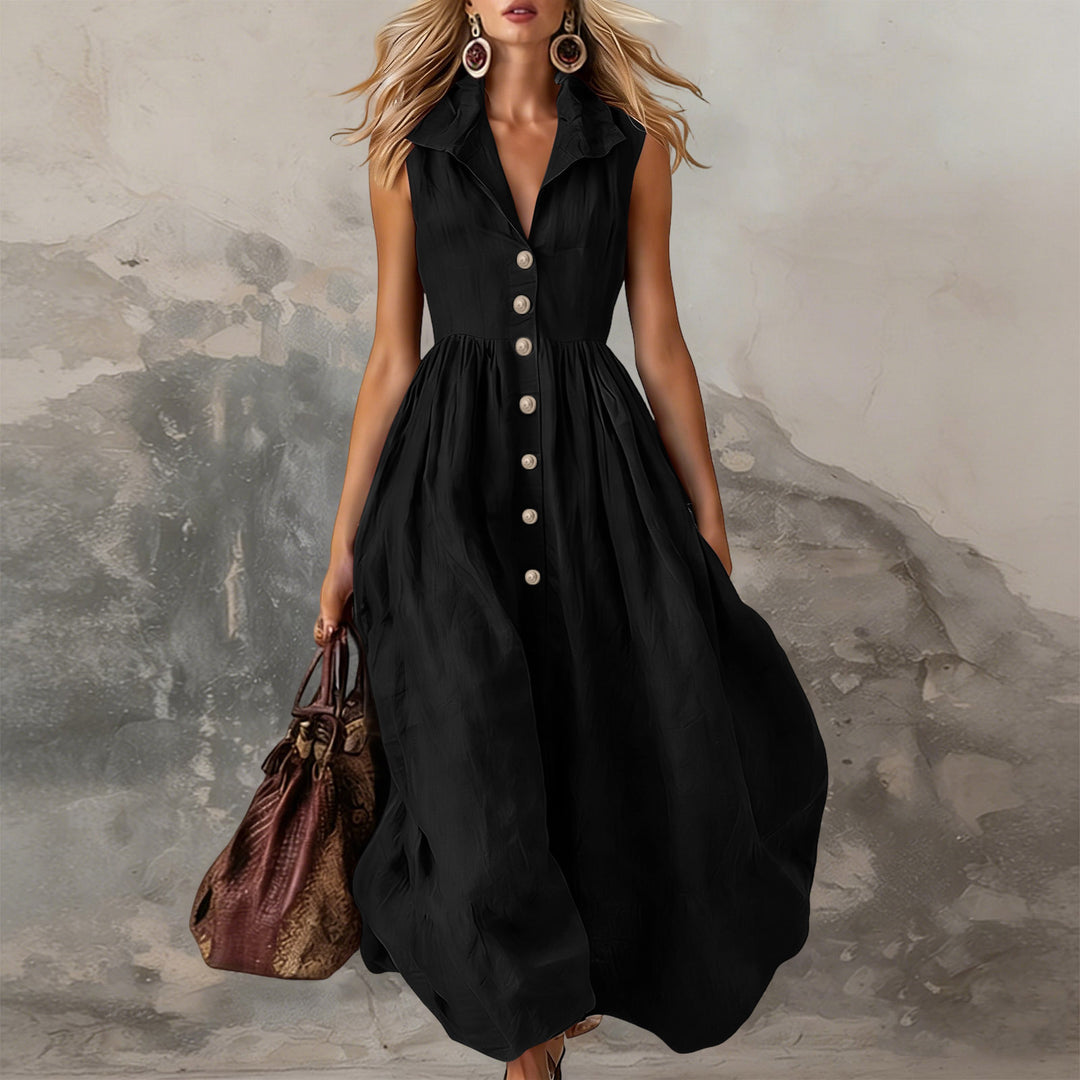 Women's Sleeveless Midi Dress with Button Placket, Gathered Waist and Ruffled Collar Mune Fashion