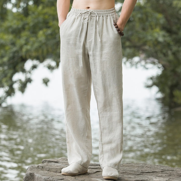 Men's light linen pants with elastic waistband, wide leg, and side pockets Mune Fashion