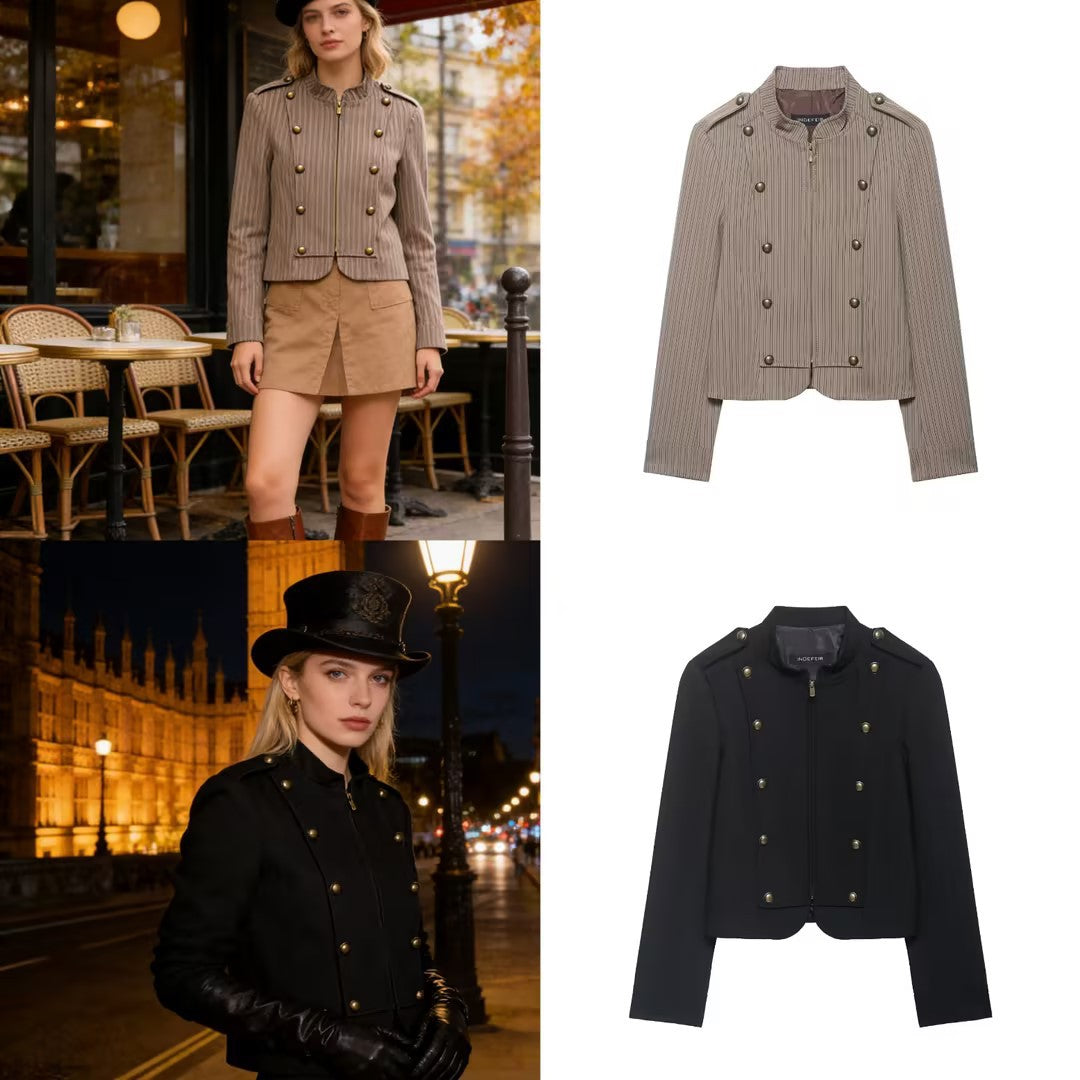 Women's short blazer in military style with stand-up collar and decorative buttons Mune Fashion