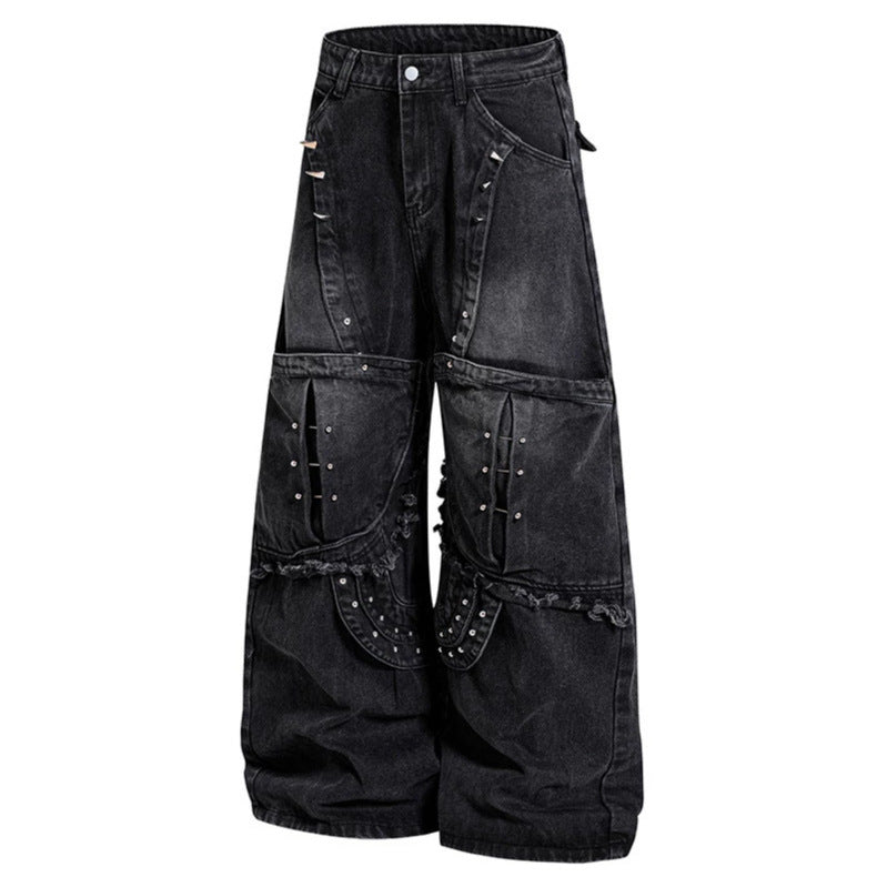 Women Wide High-Waist Denim Cargo Culotte with Rivets and Large Flap Pockets Mune Fashion