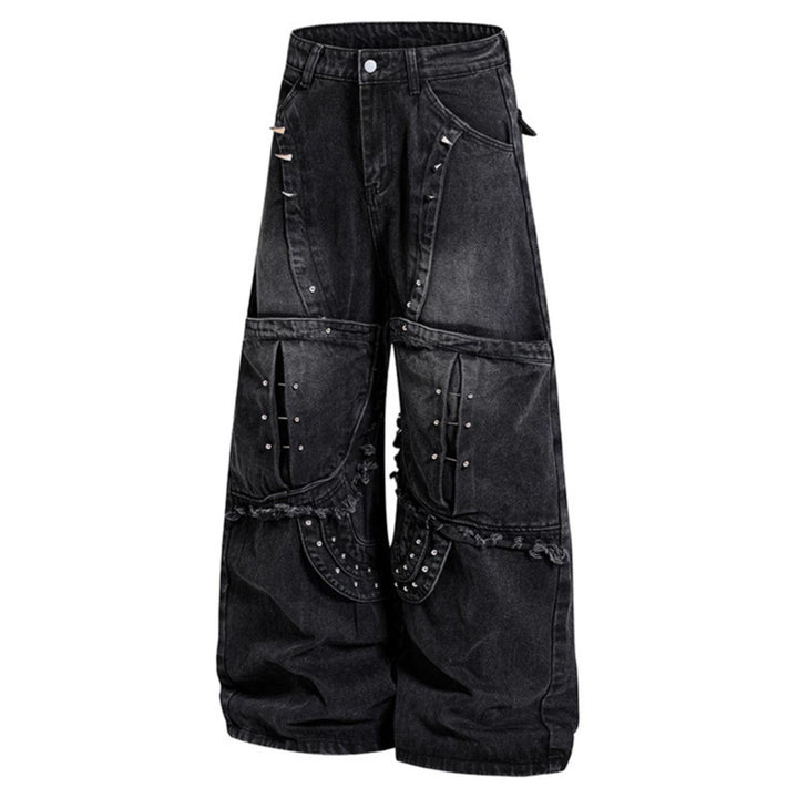 Women Wide High-Waist Denim Cargo Culotte with Rivets and Large Flap Pockets Mune Fashion