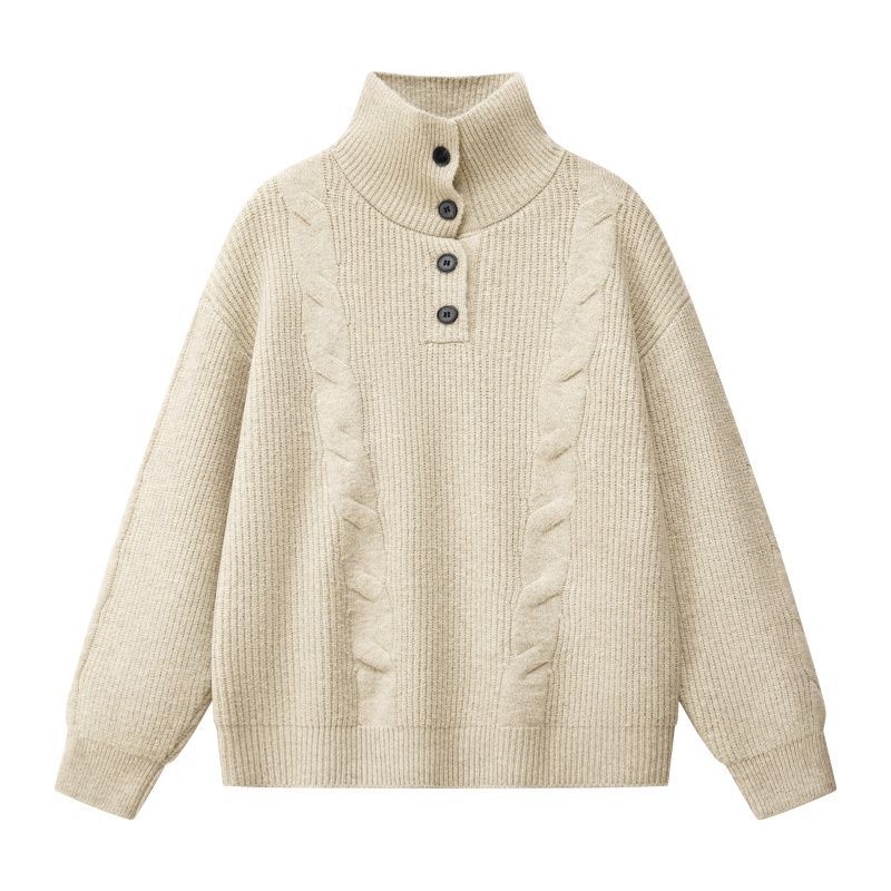Women Oversize Cable Knit Sweater with High Roll Neck and Button Placket Mune Fashion