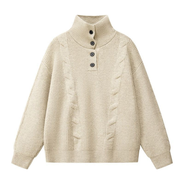 Women Oversize Cable Knit Sweater with High Roll Neck and Button Placket Mune Fashion