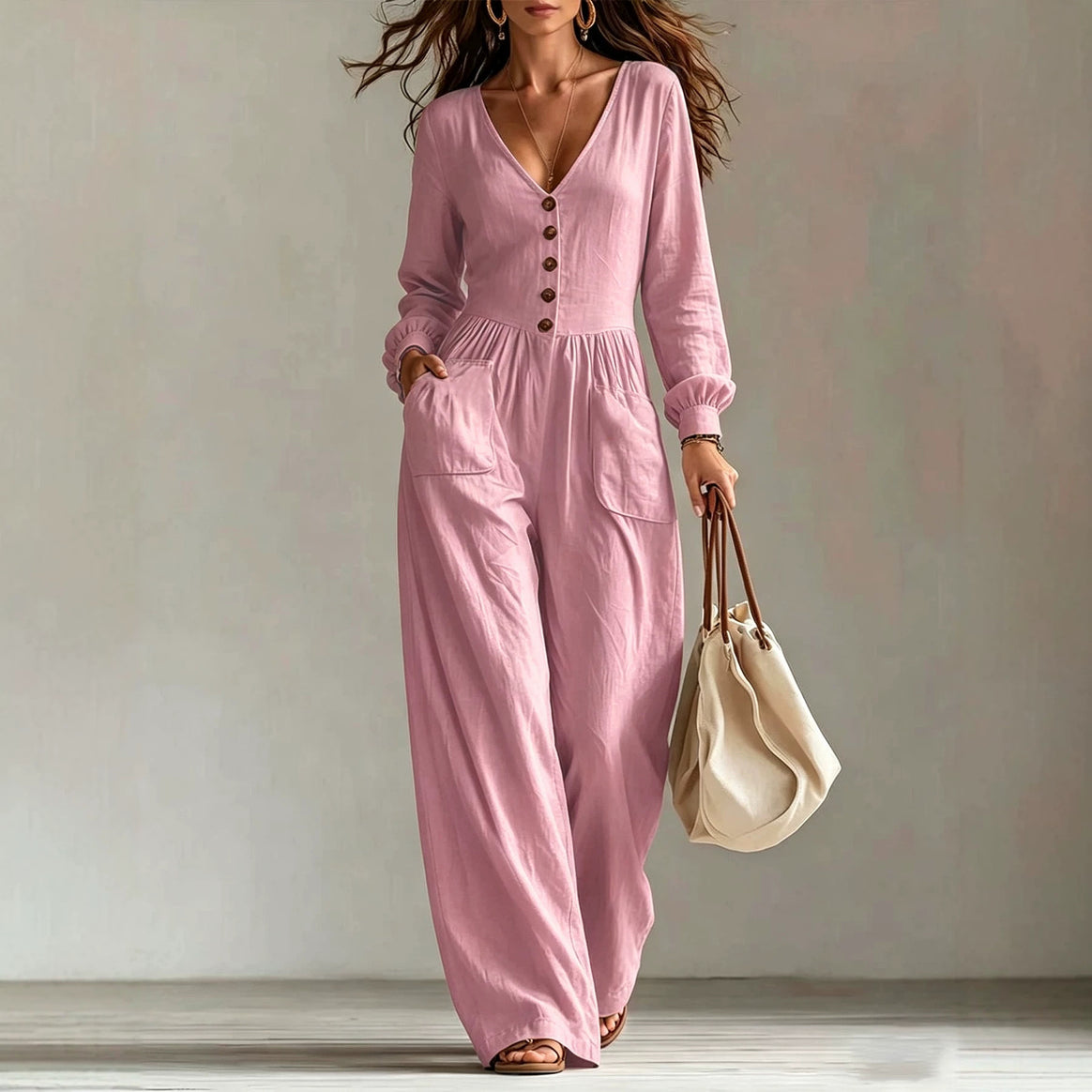 Ladies linen jumpsuit with V-neck, button placket and wide leg cut Mune Fashion