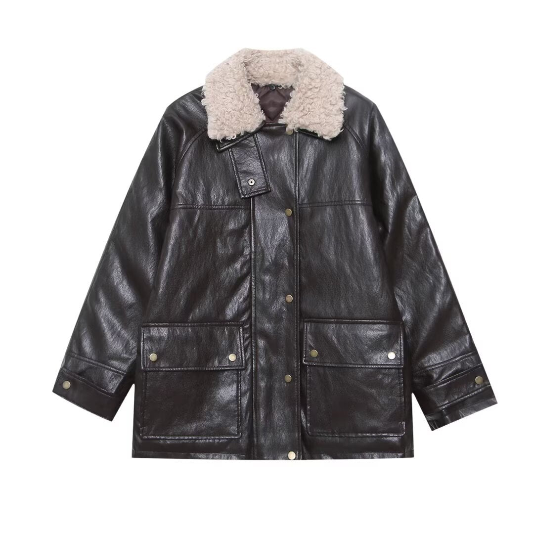 Women's Oversized Faux Leather Field Jacket with Detachable Teddy Collar and Flap Pockets Mune Fashion