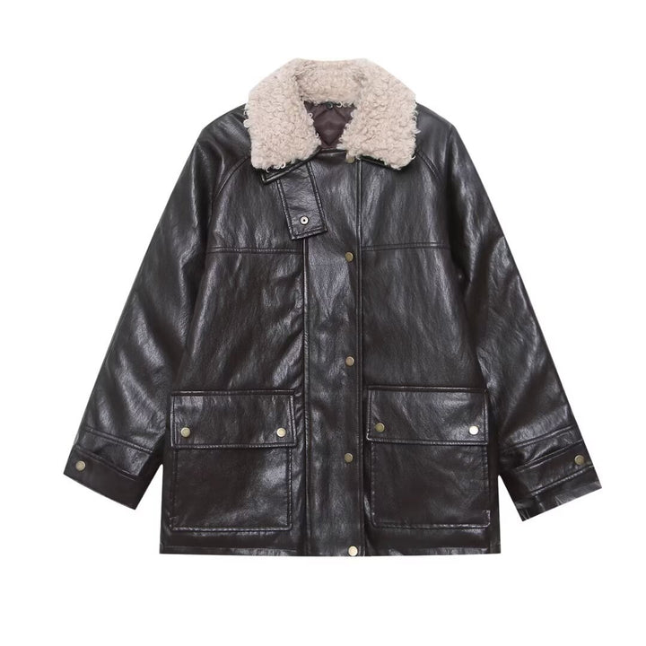 Women's Oversized Faux Leather Field Jacket with Detachable Teddy Collar and Flap Pockets Mune Fashion