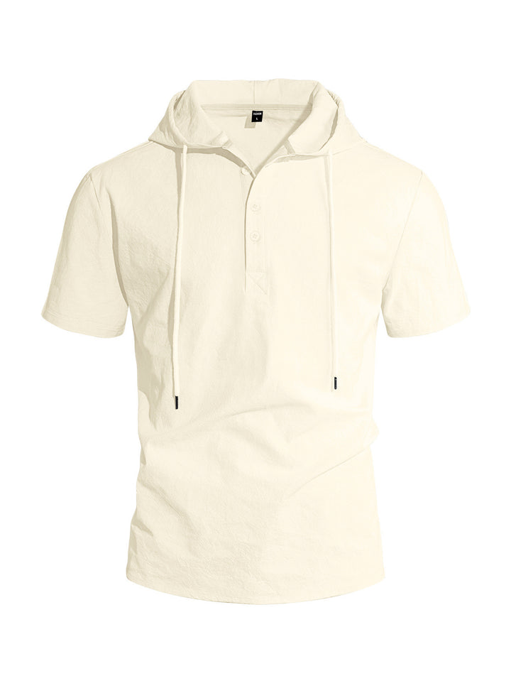 Men's short-sleeved hooded Henley made of slub cotton with concealed button placket and drawstring Mune Fashion