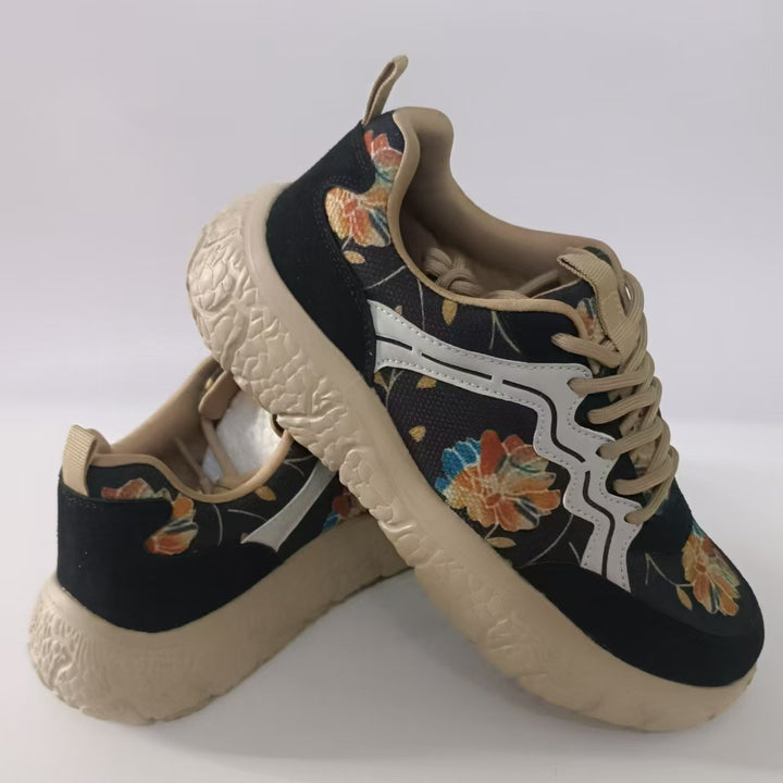 Women's fashionable platform sneakers with floral canvas pattern and suede trim Mune Fashion