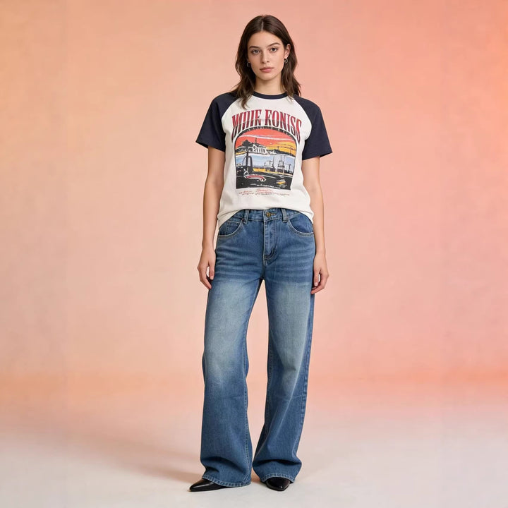 Women high-waisted wide-leg jeans with tonal side seam and faded gradient Mune Fashion