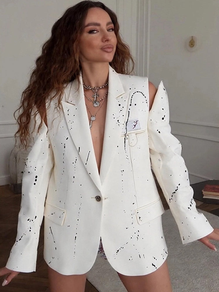 Women's Oversize Blazer with Cut-Out Sleeves and Paint Splatter Look Mune Fashion
