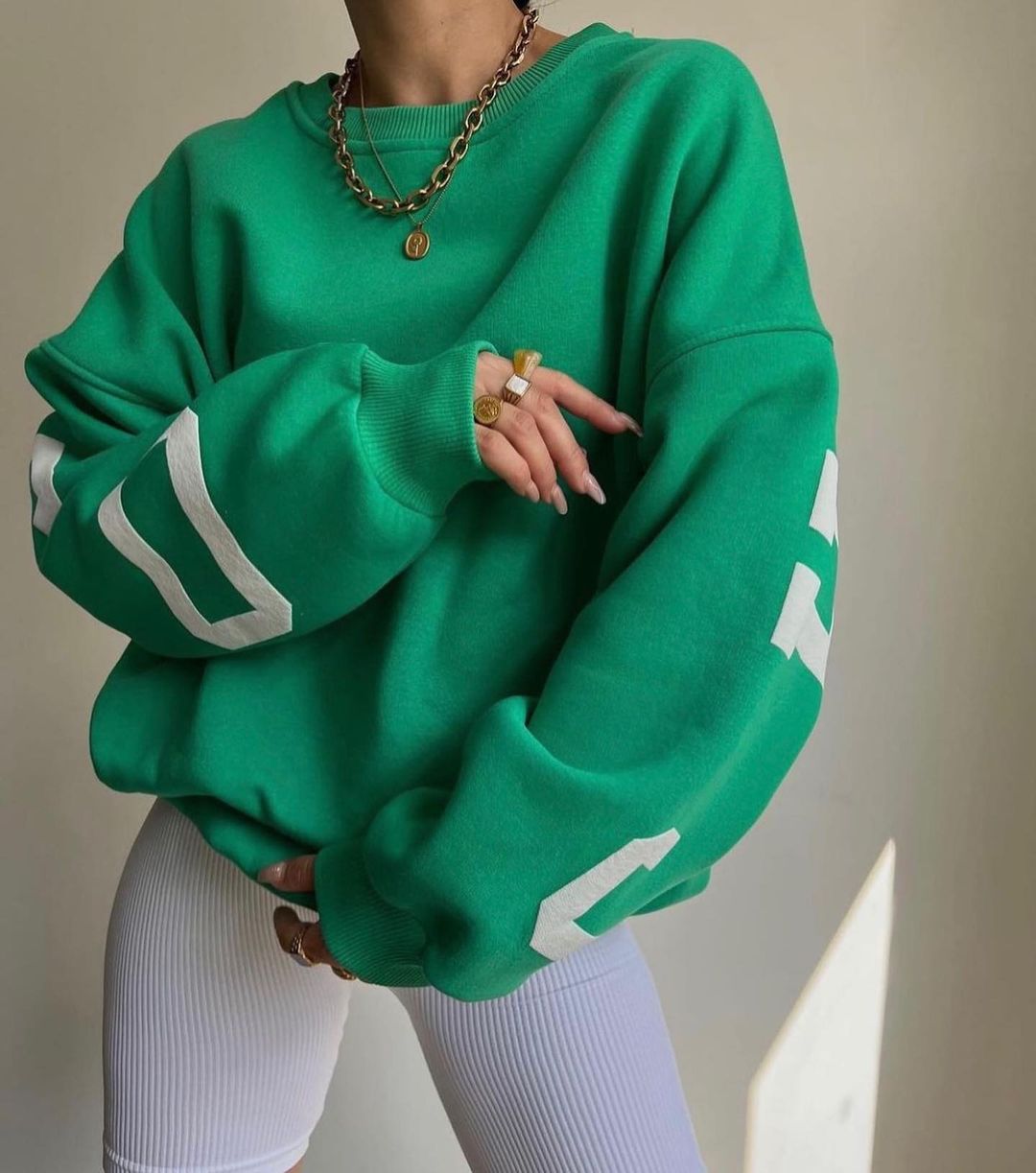 Women's Oversized Sweatshirt with Block Print Sleeves and Wide Drop Shoulder Cut Mune Fashion