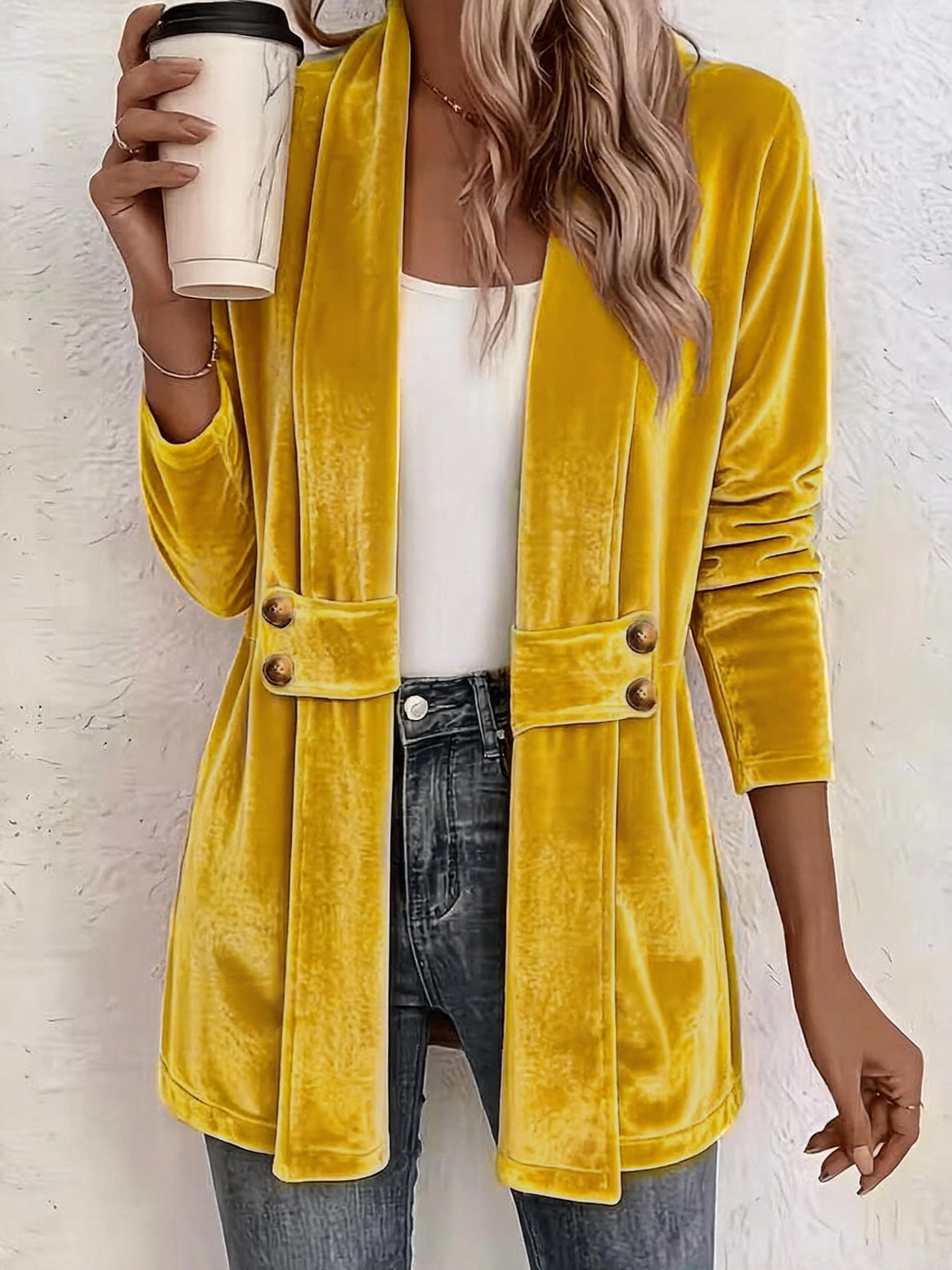 Women Velvet Long Blazer with Shawl Collar and Decorative Button Placket Mune Fashion