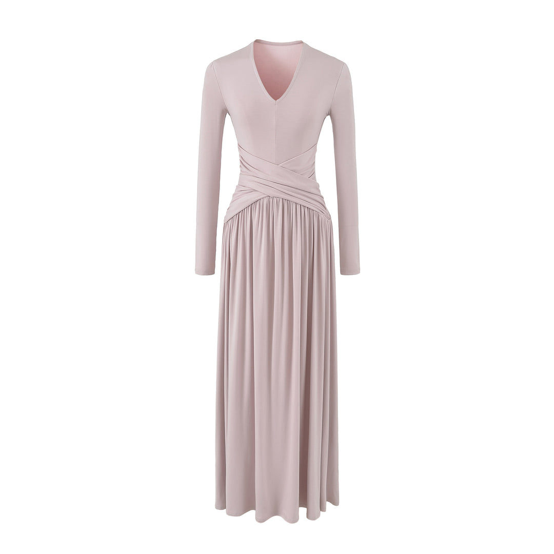 Women's V-Neck Maxi Wrap Dress Made of Jersey with Gathered Waist Section Mune Fashion