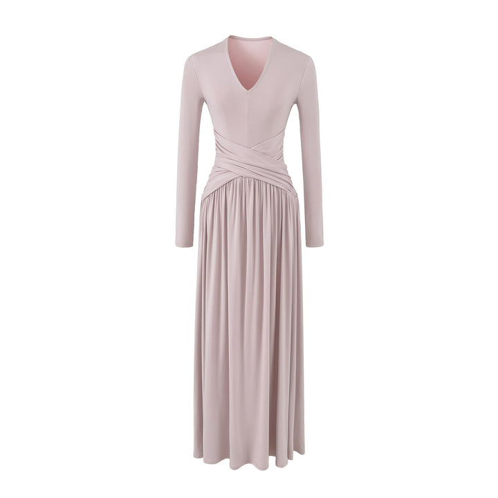 Women's V-Neck Maxi Wrap Dress Made of Jersey with Gathered Waist Section Mune Fashion