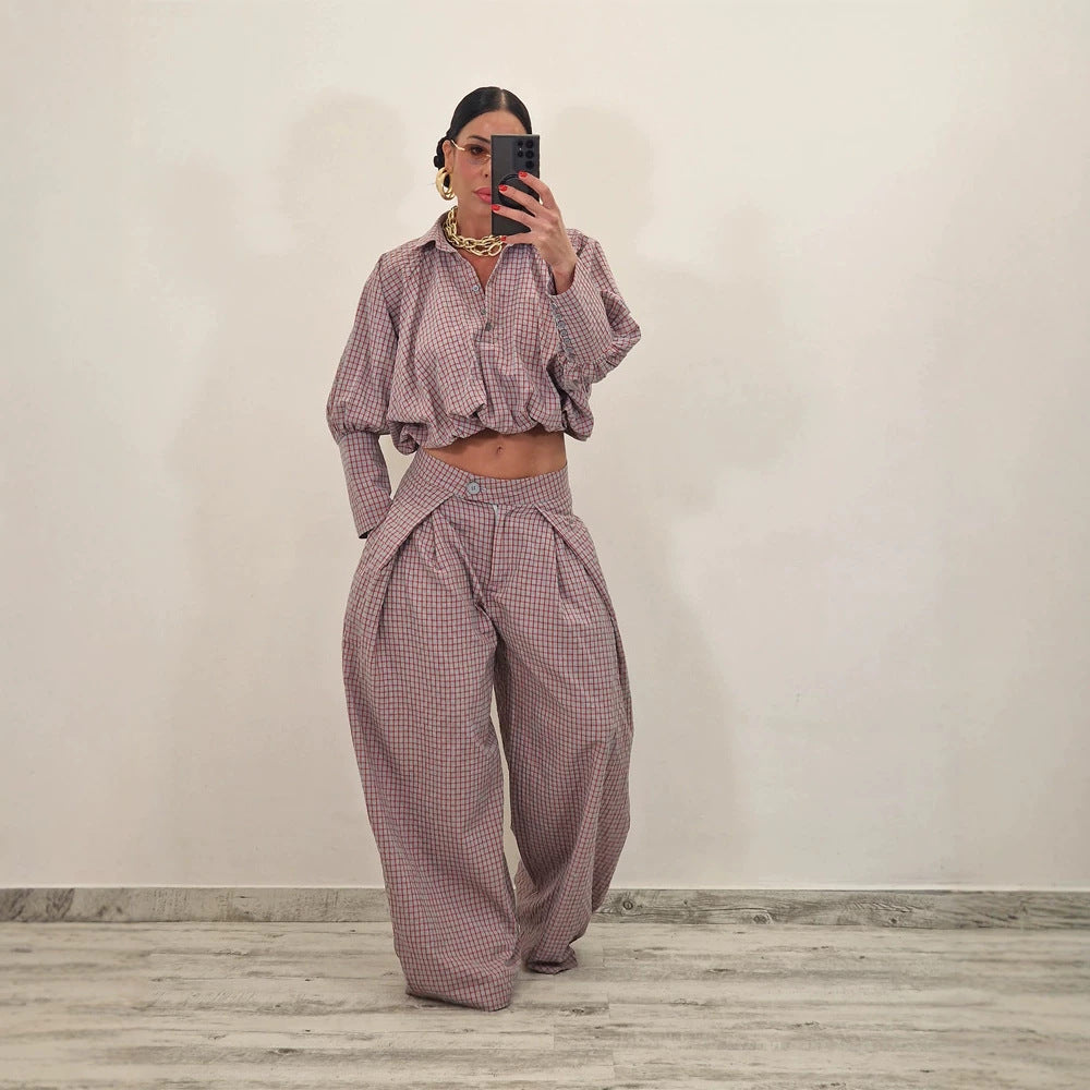 Women's Two-Piece Checked Set with Cropped Oversized Shirt and Wide Pleated Trousers Mune Fashion