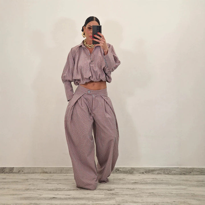 Women's Two-Piece Checked Set with Cropped Oversized Shirt and Wide Pleated Trousers Mune Fashion