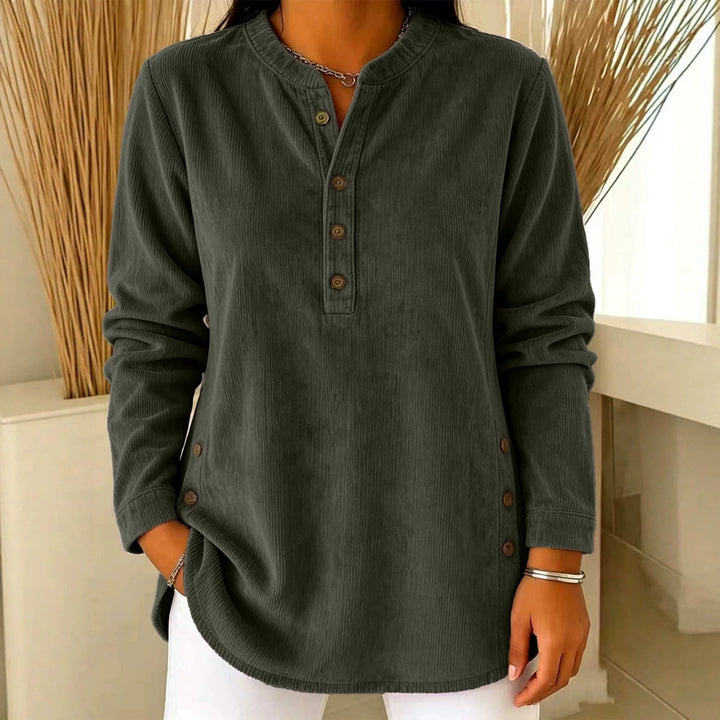 Women Casual Corduroy Look Tunic with Henley Neckline and Side Buttons Drune
