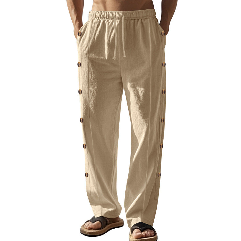 Men's relaxed linen lounge pants with side button placket, elastic waistband, and side pockets Mune Fashion