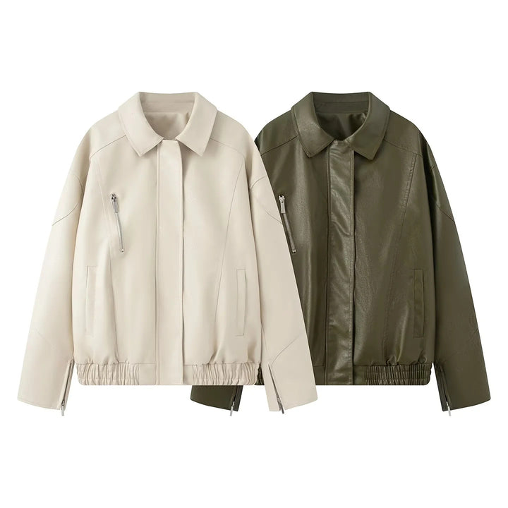 Women nan oversized faux leather bomber jacket with elastic hem and angled zip pocket Mune Fashion