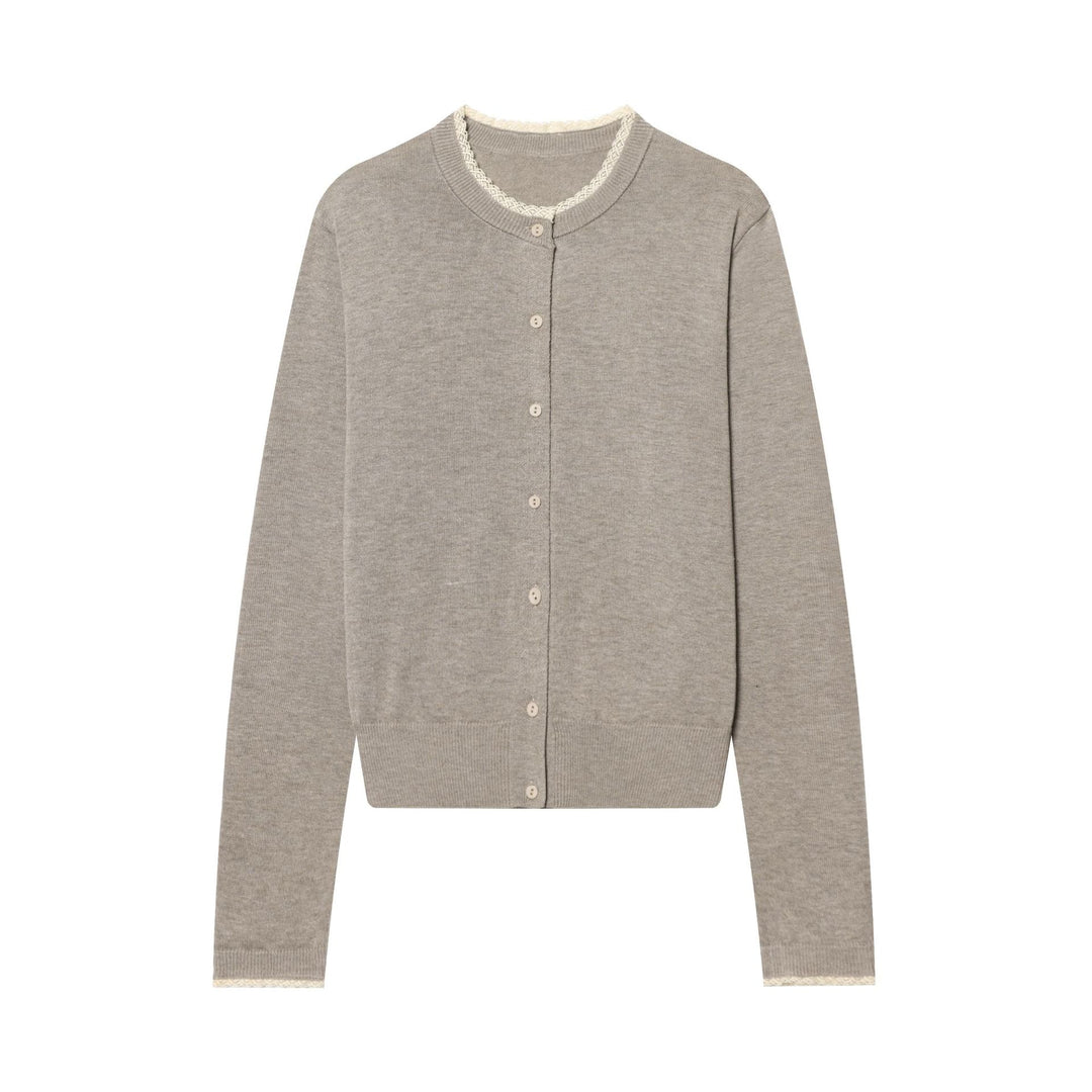 Women's short-cut fine-knit cardigan with round neckline, continuous button placket, and delicate lace edge Mune Fashion