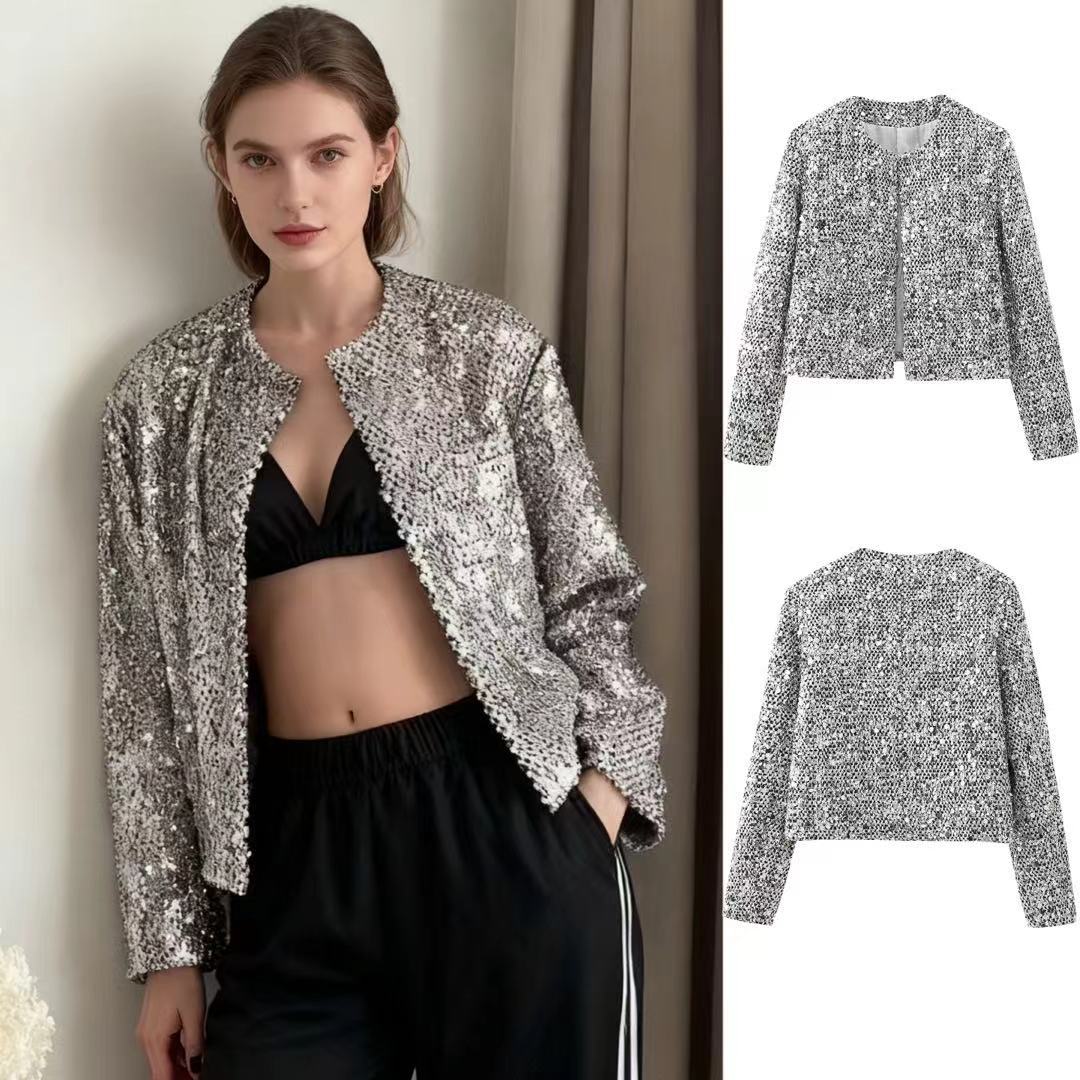 Women’s non-padded boucle short jacket with sequin embellishment, round neckline and open front Mune Fashion