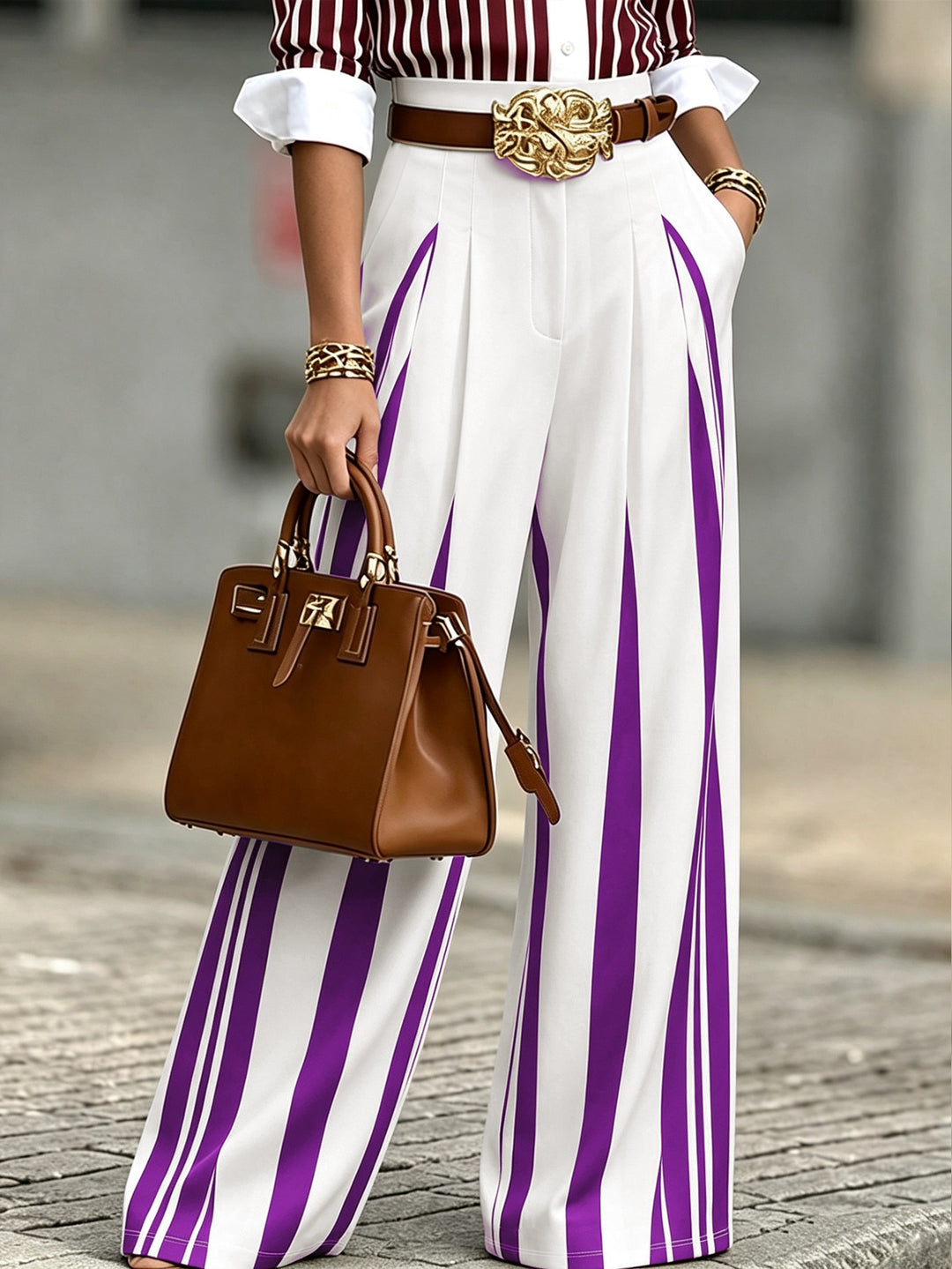 Women's High-Waisted Wide Palazzo Pants with Vertical Stripes and Pleats Mune Fashion