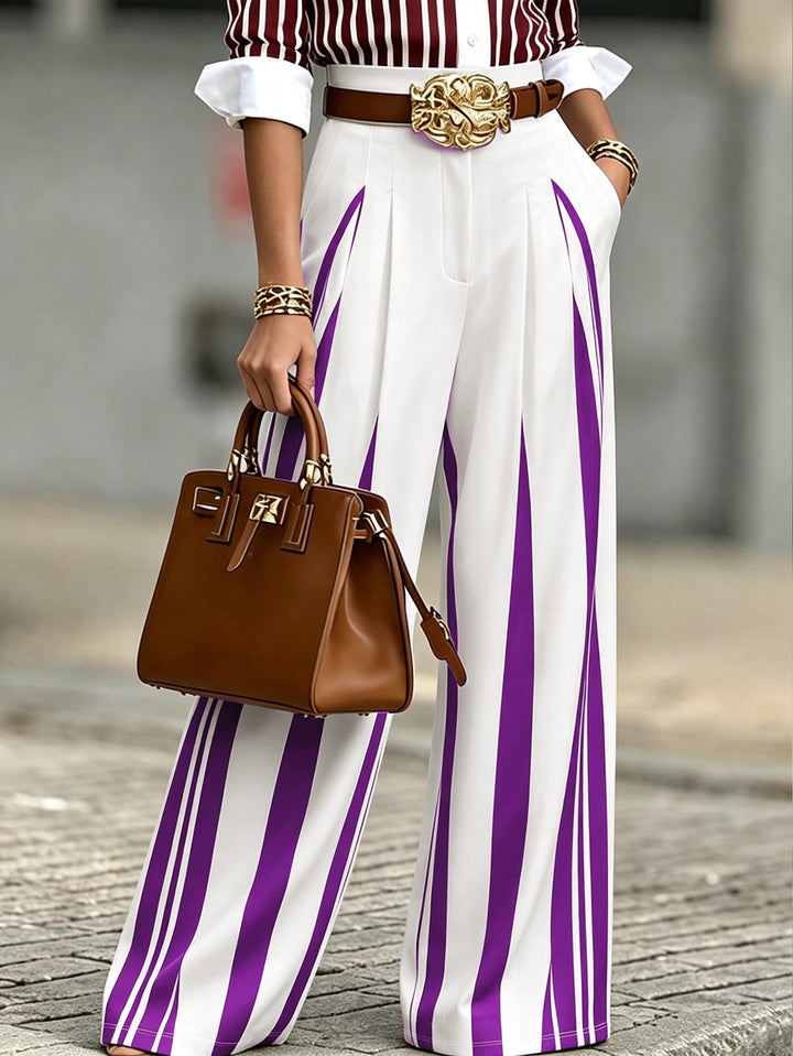 Women's High-Waisted Wide Palazzo Pants with Vertical Stripes and Pleats Mune Fashion
