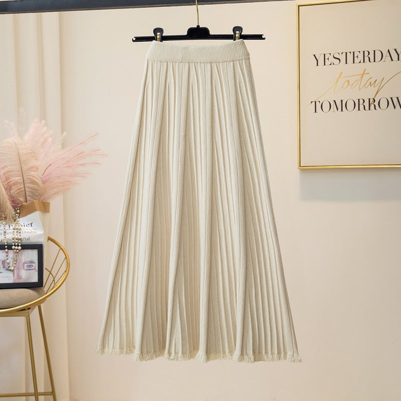 Women's Pleated Maxi Skirt with Elastic Waistband and Fringed Hem Mune Fashion