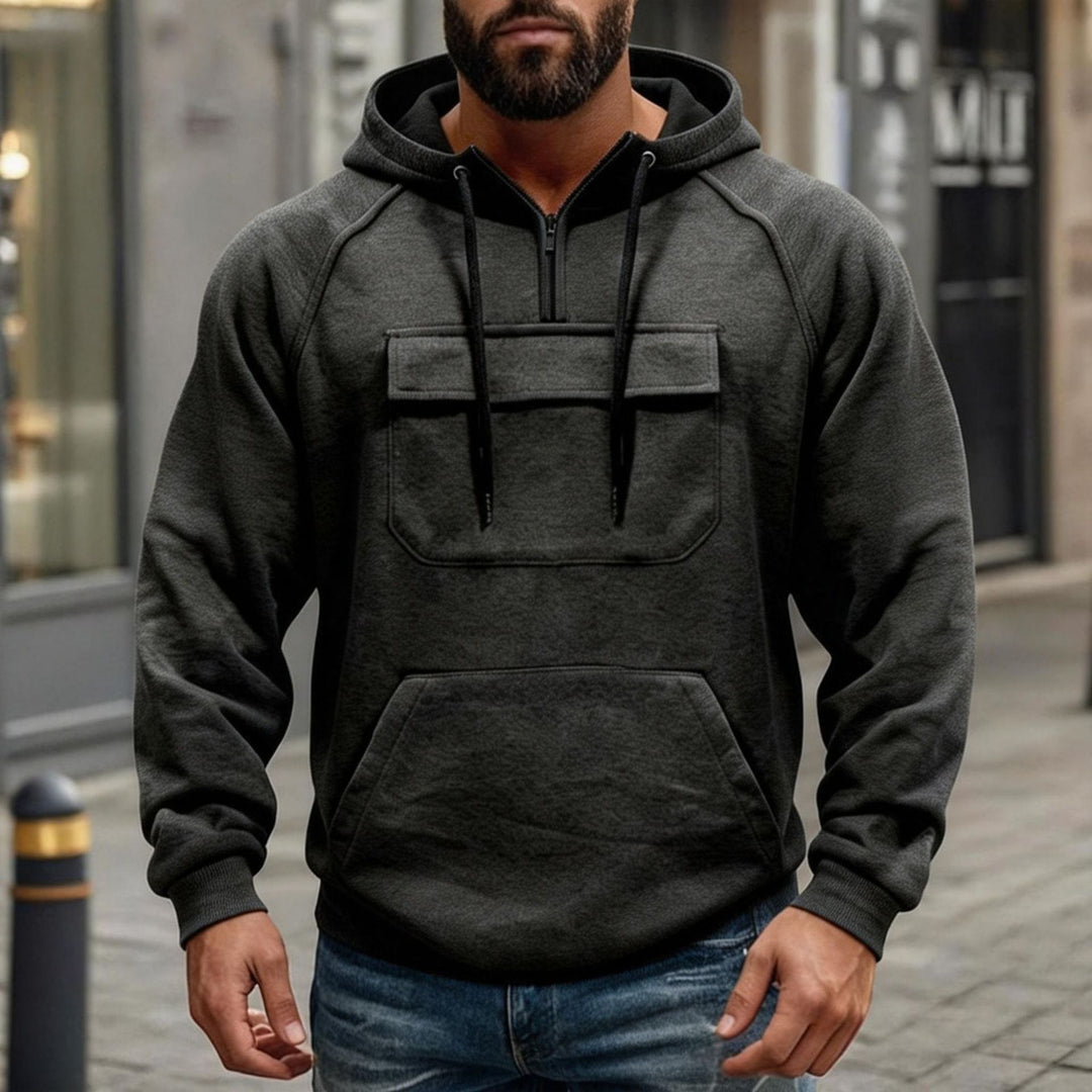 Men's functional hoodie with half front zipper, applied front pocket with flap and kangaroo pocket Mune Fashion