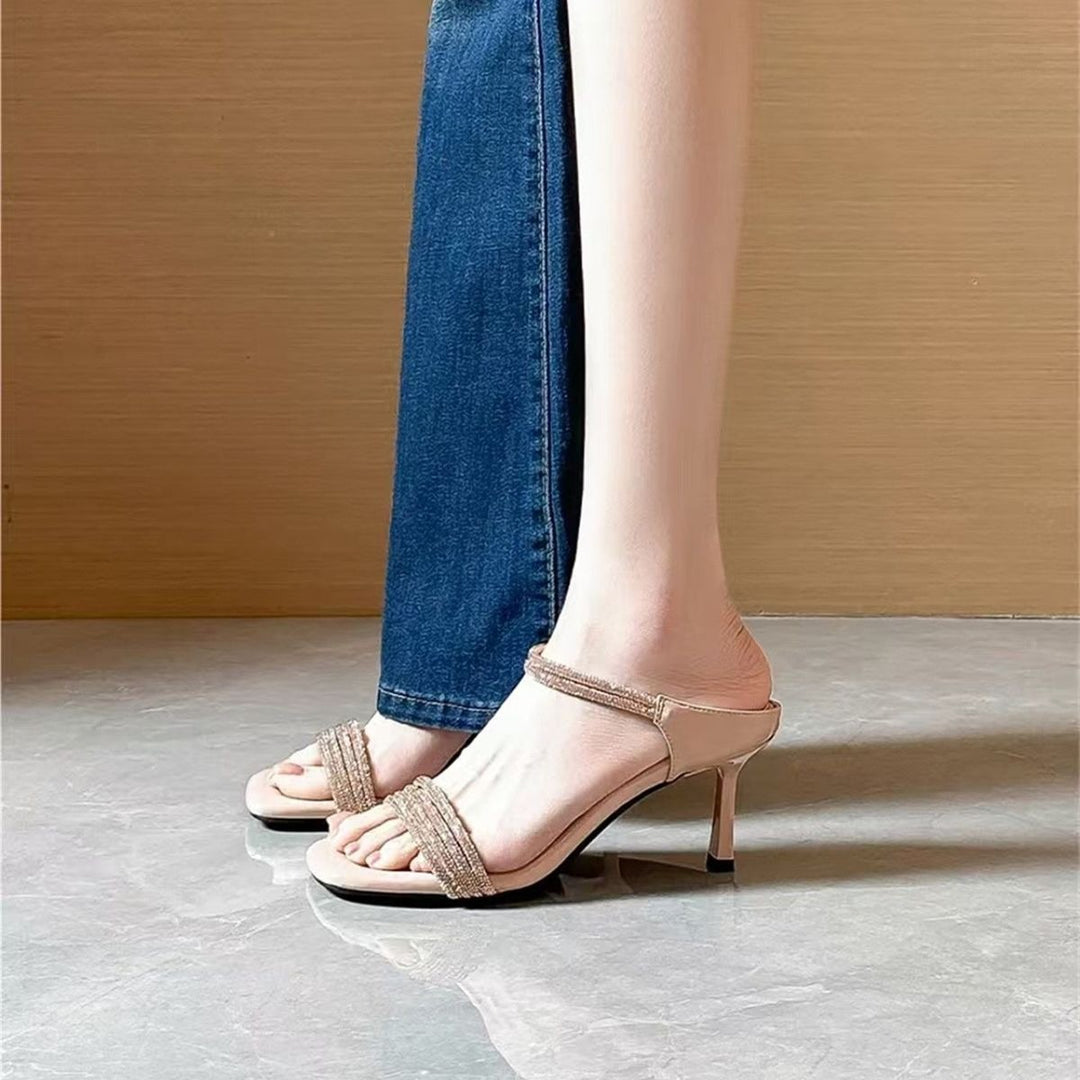 Women's Sparkling Strap Mules with Slim Stiletto Heel and Open Toe Area Mune Fashion