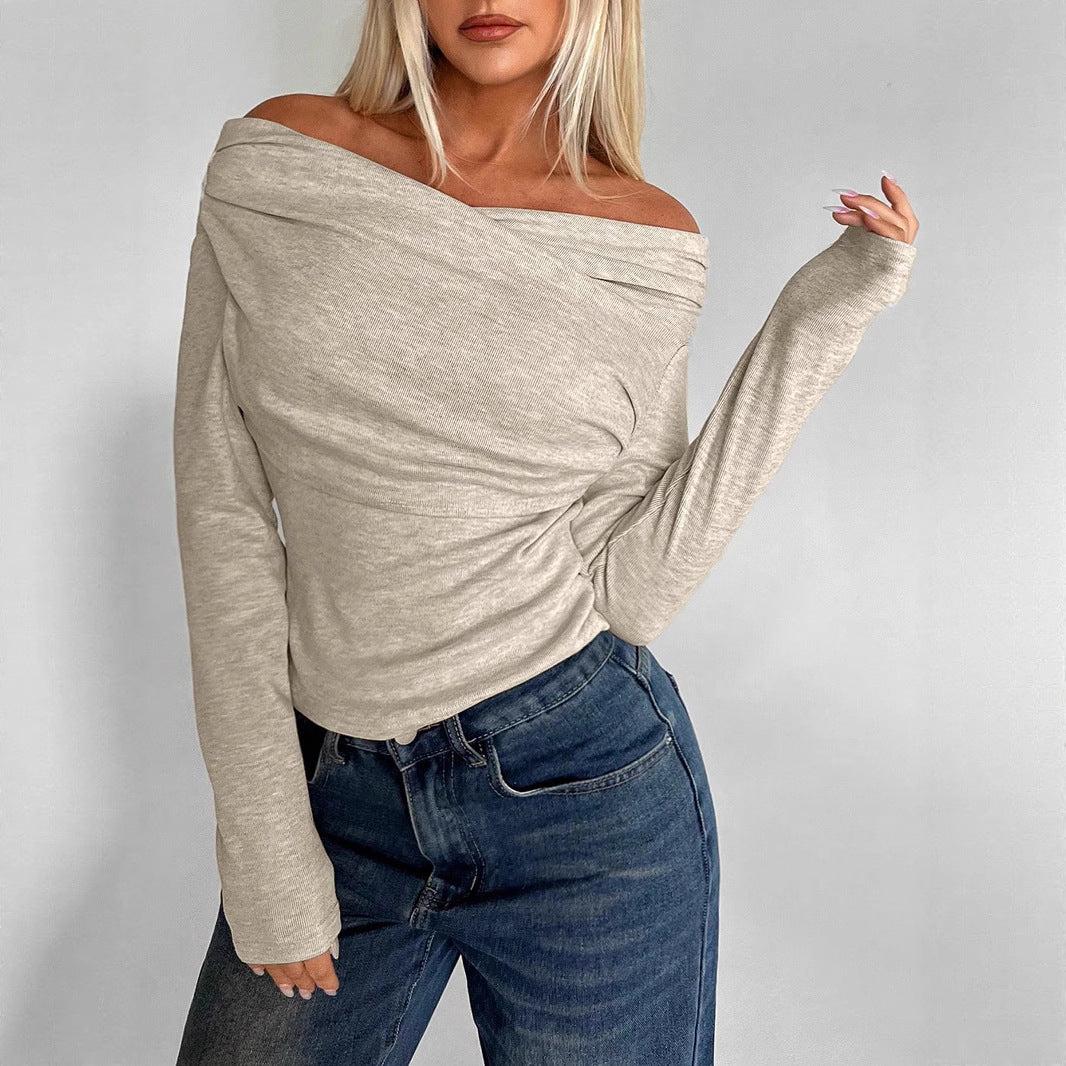 Women Soft Off-Shoulder Long Sleeve Shirt with Waterfall Collar and Light Stretch Mune Fashion